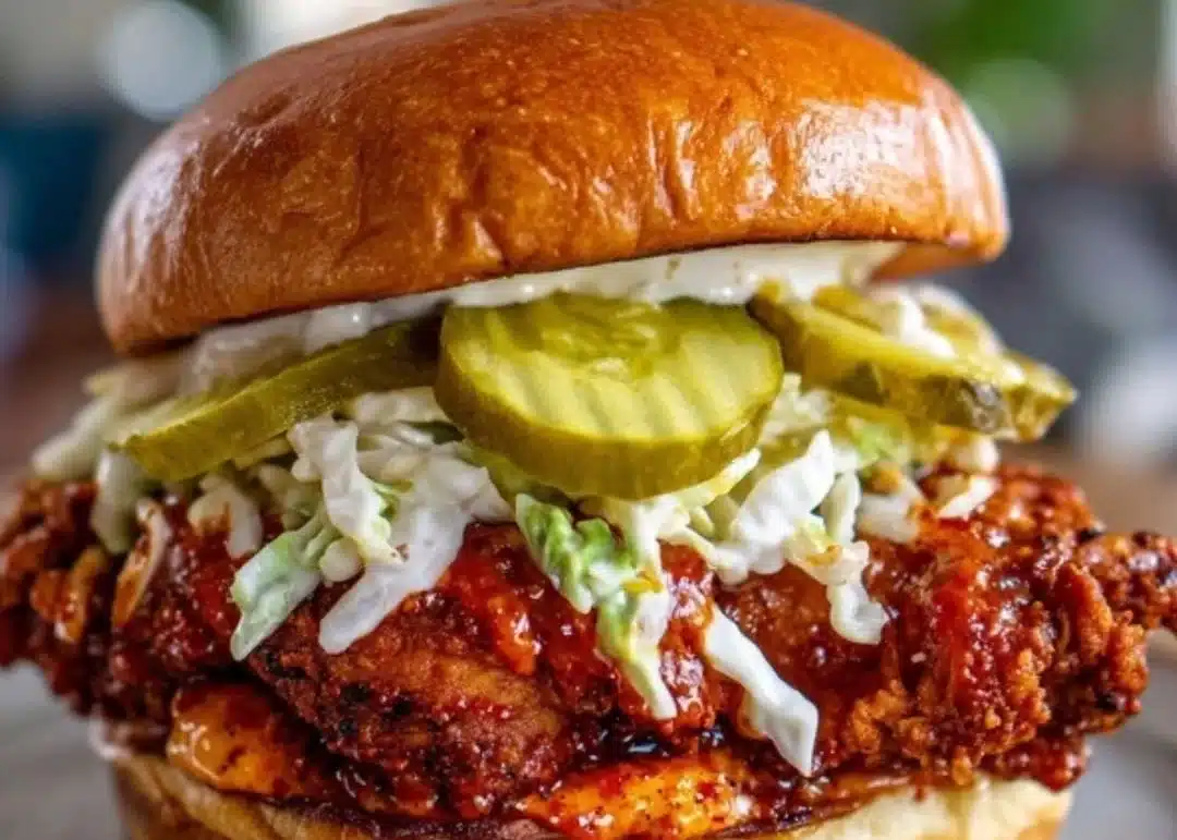 Spicy Nashville Hot Chicken Sandwich garnished with pickles and served on a bun