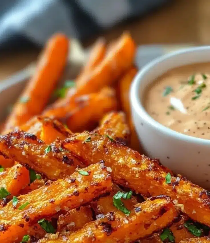 Healthy sweet potato and carrot fries with paprika on a plate
