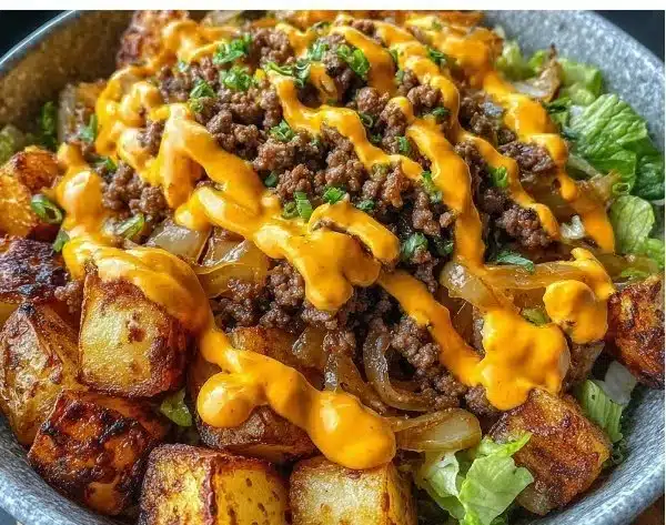 Delicious sweet potato burger bowl topped with fresh vegetables and sauce