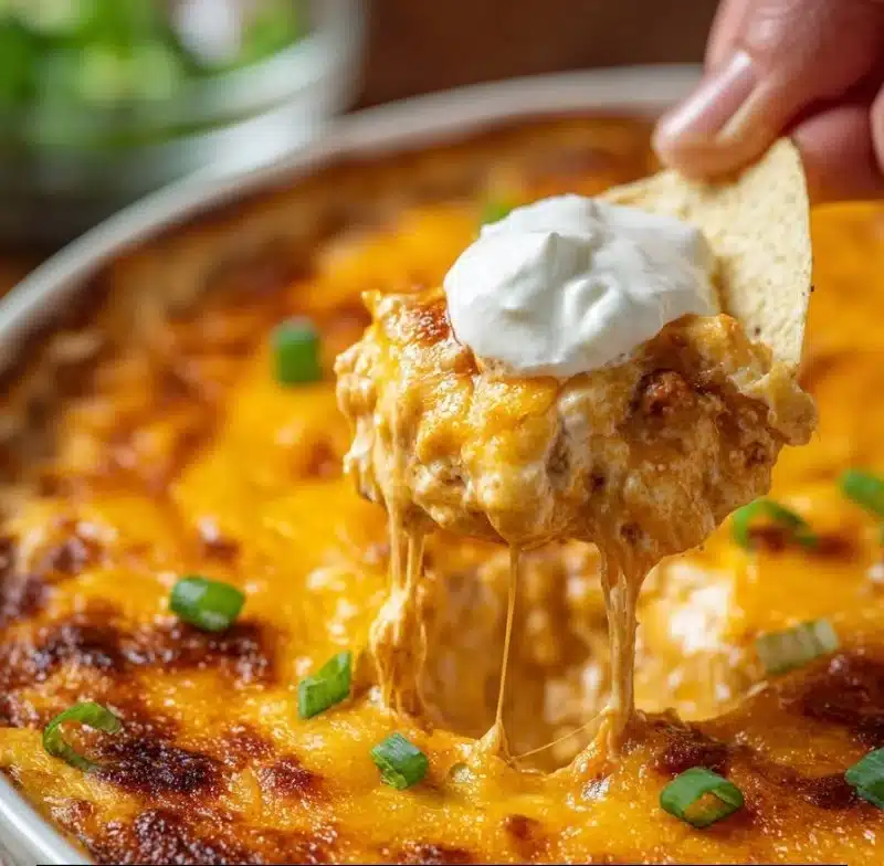 A delicious bowl of Texas Trash Dip served with tortilla chips.