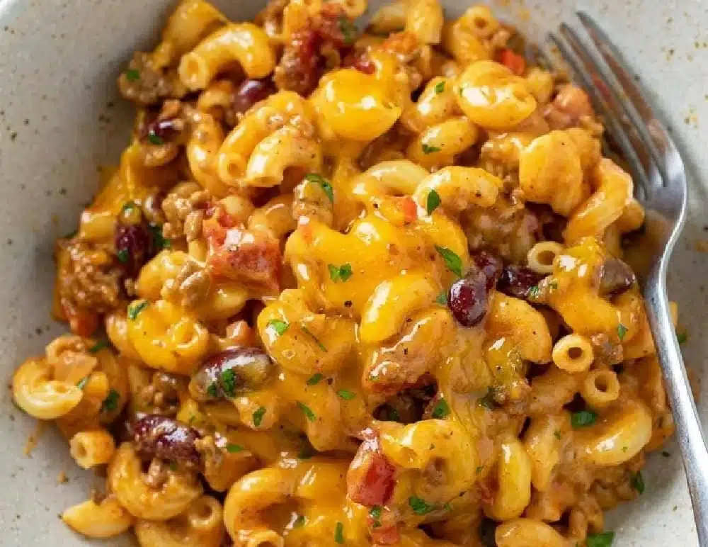 Bowl of Chili Mac and Cheese with homemade chili and creamy pasta