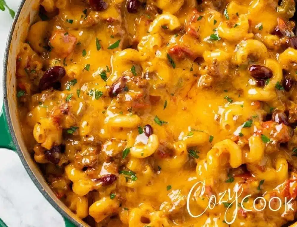 This Chili Mac and Cheese recipe features hearty homemade chili combined with creamy macaroni and cheese.