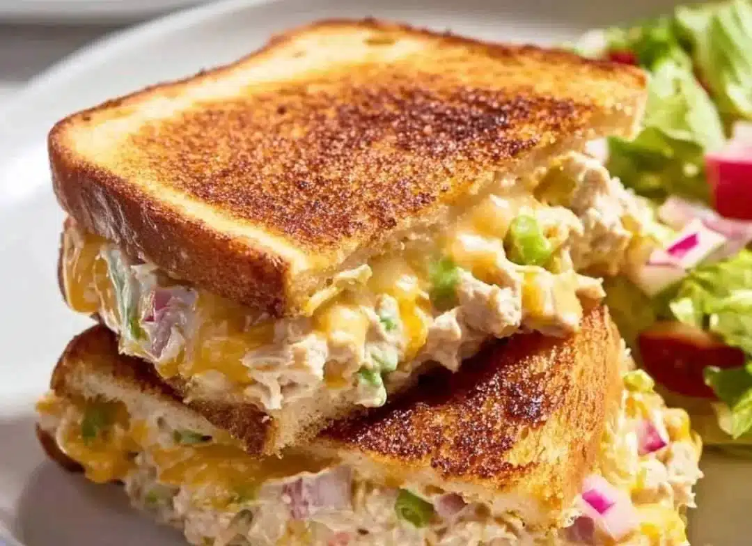 Delicious tuna melt sandwich with melted cheese and toasted bread
