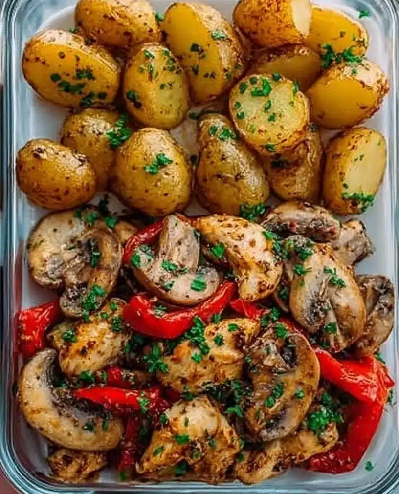 Ultimate garlic herb chicken dish with mushrooms and crispy roasted potatoes