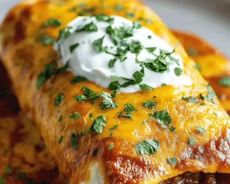Mouthwatering wet burritos topped with salsa and melted cheese