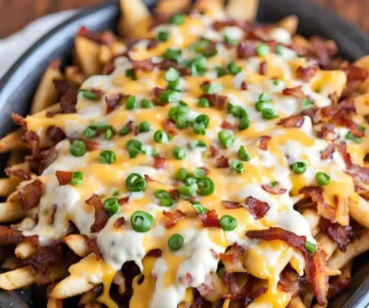 Delicious loaded fries topped with cheese and bacon, perfect for snacks.